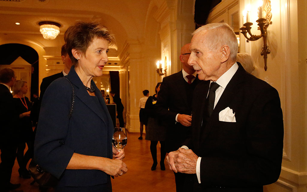 Swiss Federal Councillor Simonetta Sommaruga, Department of Justice and Police, left, and William Lacy Swing, Director General of the International Organization for Migration, right, speak during the 3rd meeting of the Central Mediterranean Contact Group in Bern