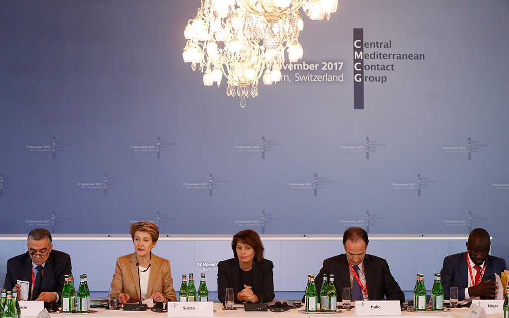 Lotfi Braham, Minister of Interior of Tunisia, Swiss Federal Councillor Simonetta Sommaruga, Swiss Federal President Doris Leuthard, Marco Del Panta Ridolfi, Italian Ambassador to Switzerland, Ibrahim Malangoni, Directeur Général de l’Etat Civil, des Migrations et des Réfugiés nigérien during the 3rd meeting of the Central Mediterranean Contact Group, in Bern, Switzerland, 13 November 2017.