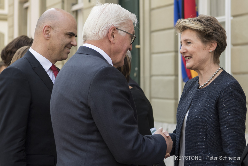Federal Councillor Simonetta Sommaruga greets German President Frank-Walter Steinmeier during his state visit to Switzerland