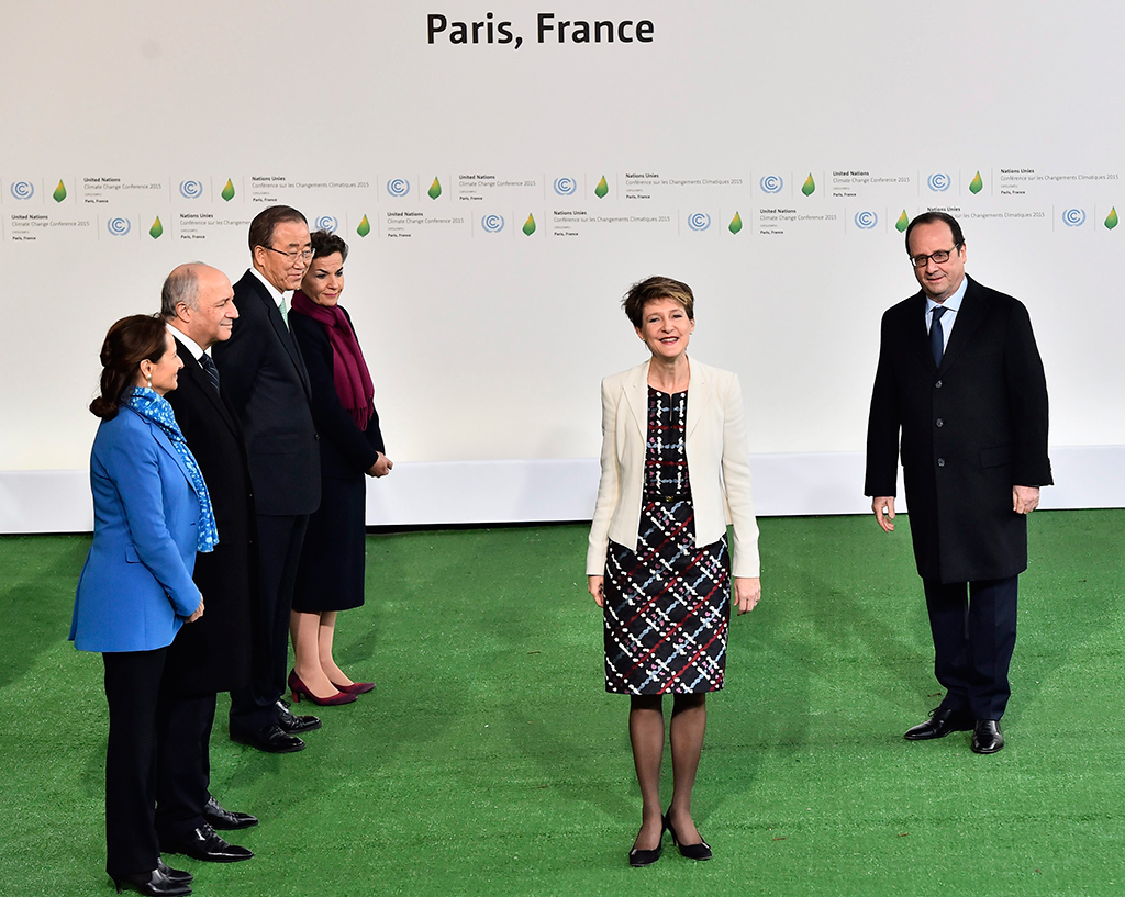 The President of the Confederation, Simonetta Sommaruga, at the Leaders Event at COP 21 UNFCCC, Paris, with President François Hollande, Segolène Royal, Laurent Fabius, Ban Ki-moon and Christiana Figueres