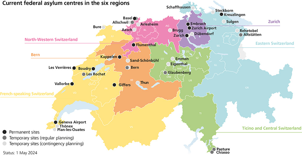 Map of Switzerland with the federal asylum centres in the six regions